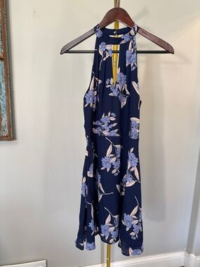 Express Navy Floral Halter Dress with Blue and Pale Pink Blooms EUC S